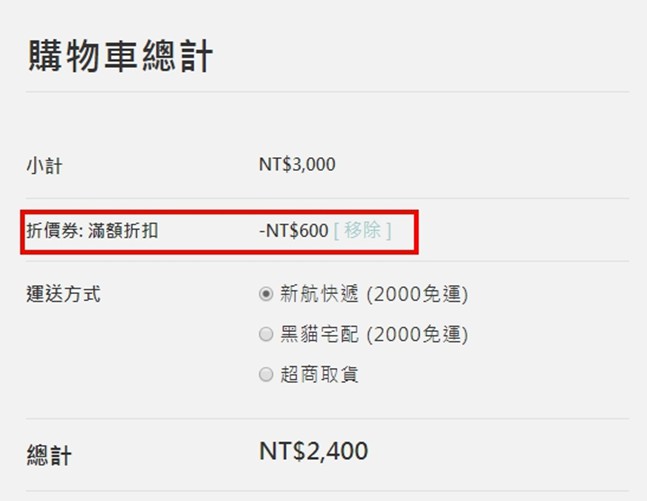 商品滿額折扣示範-購物車顯示折扣金額