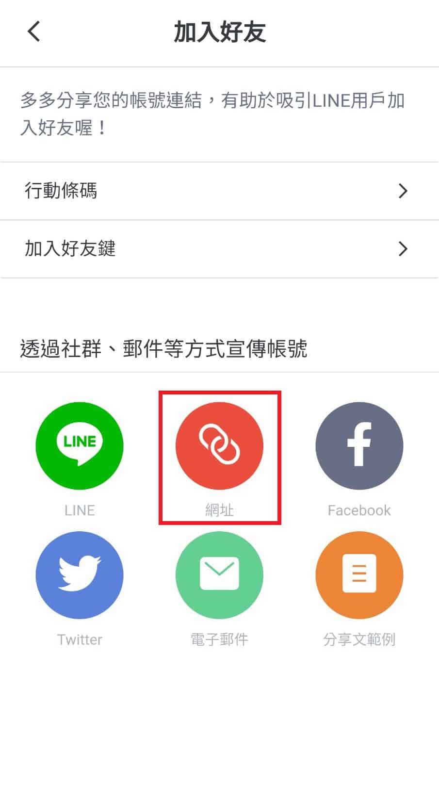 選擇以「網址」方式加入好友